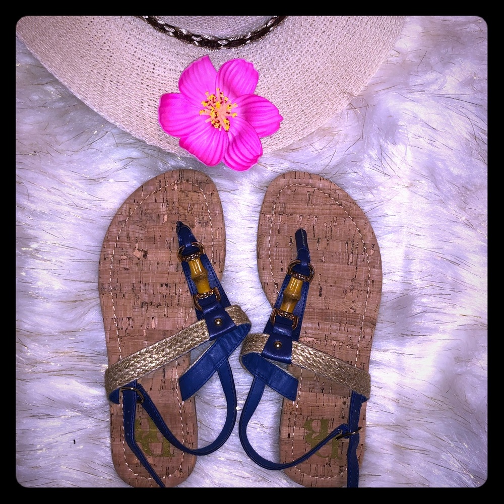 NWOT blue & gold cork style flat sandals